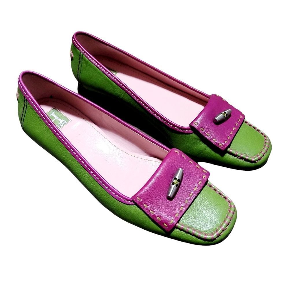 TOMMY HILFIGER Vintage Leather Green & Pink Retro 70s Penny Loafer Slip-on Shoes